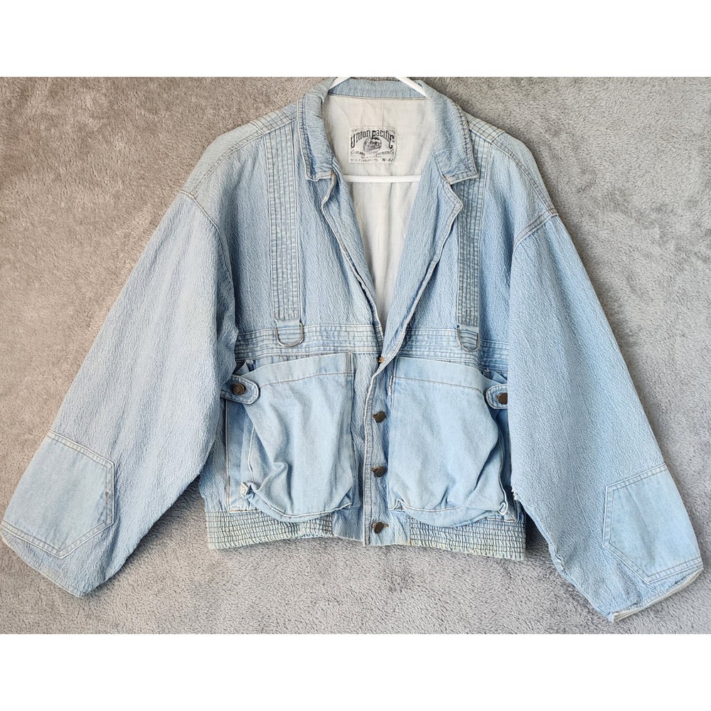 Union Pacific Denim Jacket Womens Medium Light Blue Jean Cargo D-Ring Vintage